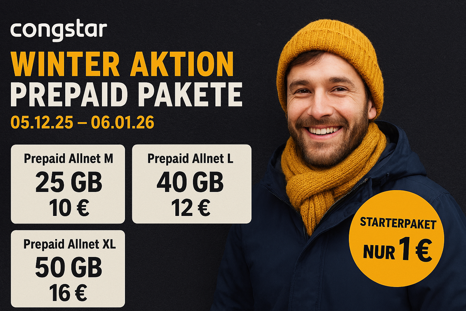 congstar Winter Aktion Prepaid Pakete 2025/2026 Die congstar Winter Aktion 2025/2026 bietet dauerhaft mehr Datenvolumen für Prepaid Pakete M, L und XL sowie stark reduzierte Starterpaketpreise. Alle Details zu Tarifen, Vorteilen und Konditionen finden Sie hier.