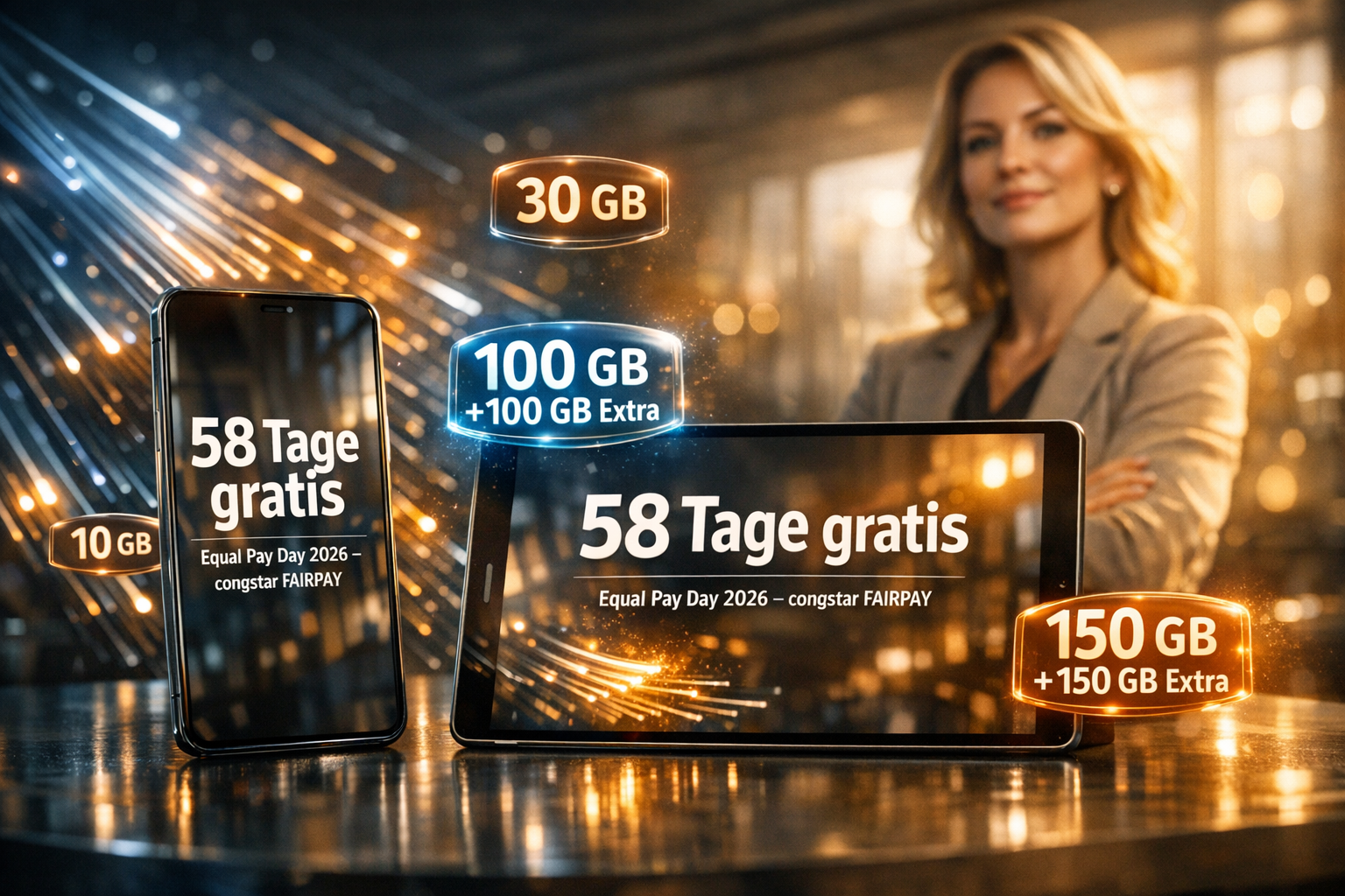 Congstar Equal Pay Day 2026: 58 Tage gratis für Frauen - DSL, Postpaid & Prepaid im großen Tarif-Check Congstar startet zum Equal Pay Day 2026 eine starke Aktion: 58 Tage gratis für weibliche Kundinnen. Alle Details zu DSL, Postpaid und Prepaid, Gutscheincode FAIRPAY, Rabatten und Provisionen im großen Überblick.
