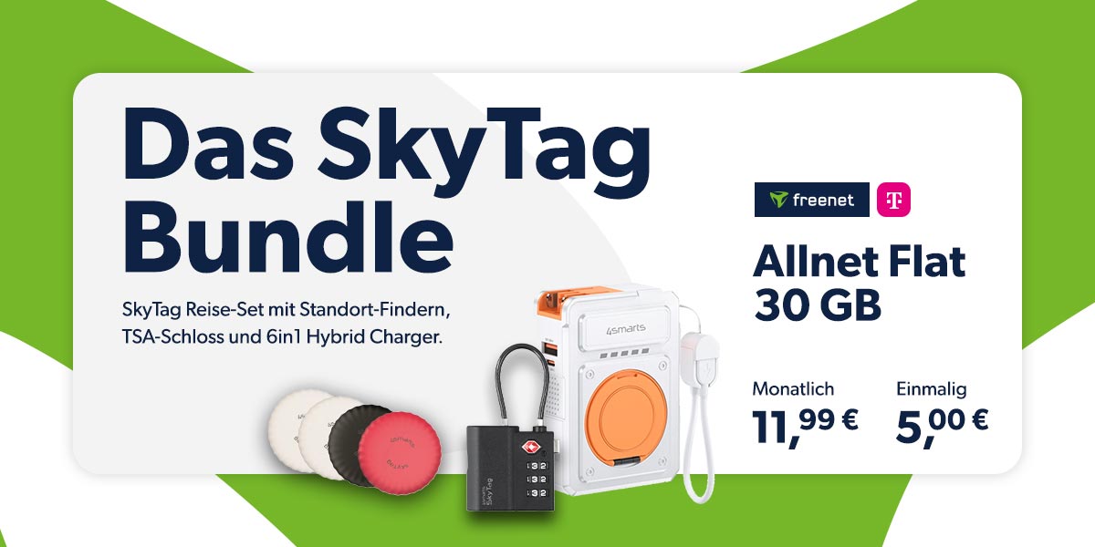 SkyTag Bundle mit 30 GB Telekom Allnet Flat - Effektivpreis nur 0,49 Euro Das neue SkyTag Bundle kombiniert eine 30GB Telekom Allnet Flat mit hochwertiger Hardware wie SkyTag Finder, Powerbank und TSA-Schloss. Effektivpreis nur 0,49 Euro pro Monat.