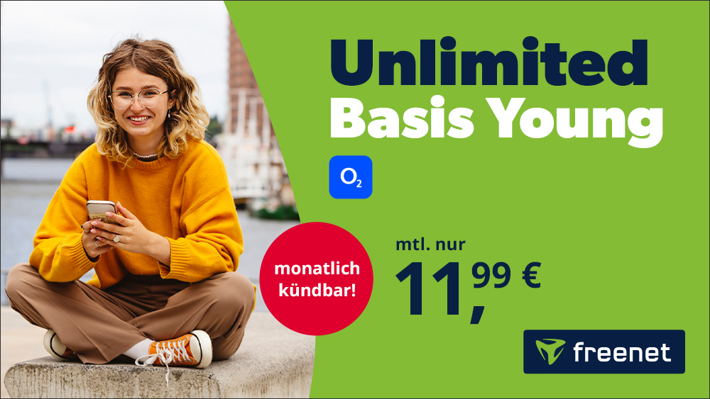 Preiskracher Unlimited Young: Unlimited Flat für mtl. 11,99 Euro Der Allnet Unlimited Basis Young Tarif bietet unbegrenztes 5G-Datenvolumen, Telefon- und SMS-Flat sowie EU-Roaming für nur 11,99 Euro im o2-Netz. Ideal für junge Leute bis 28 Jahre.