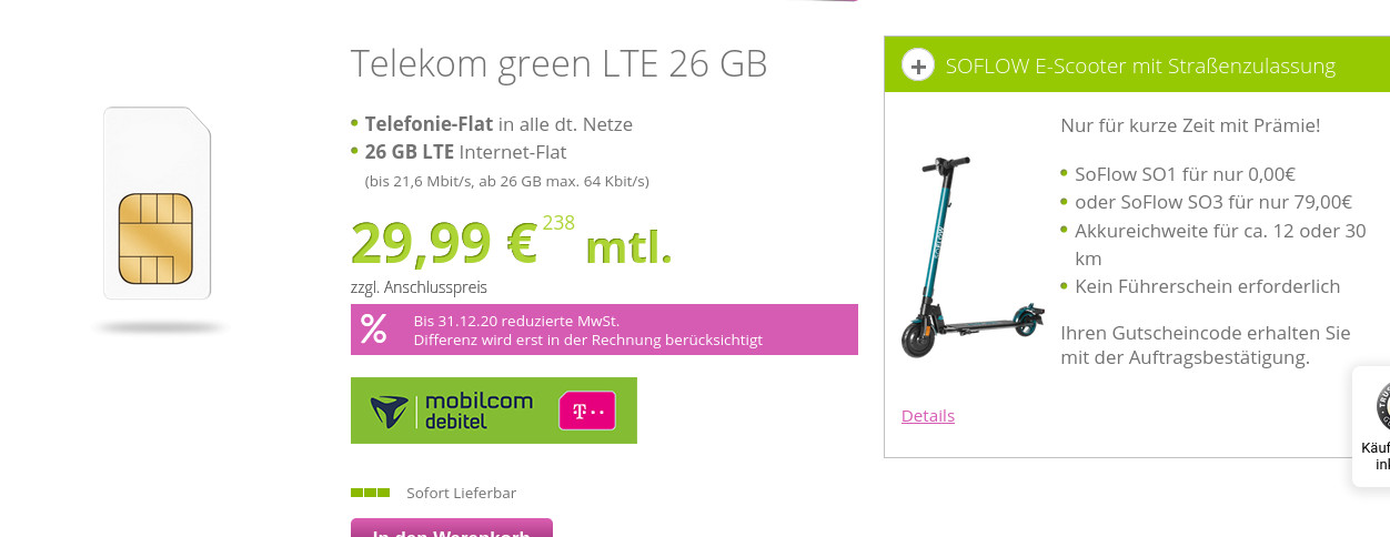 Gratis E-Scooter mit 26 GB LTE All-Net-Flat im Telekom Netz für 29,99 Euro