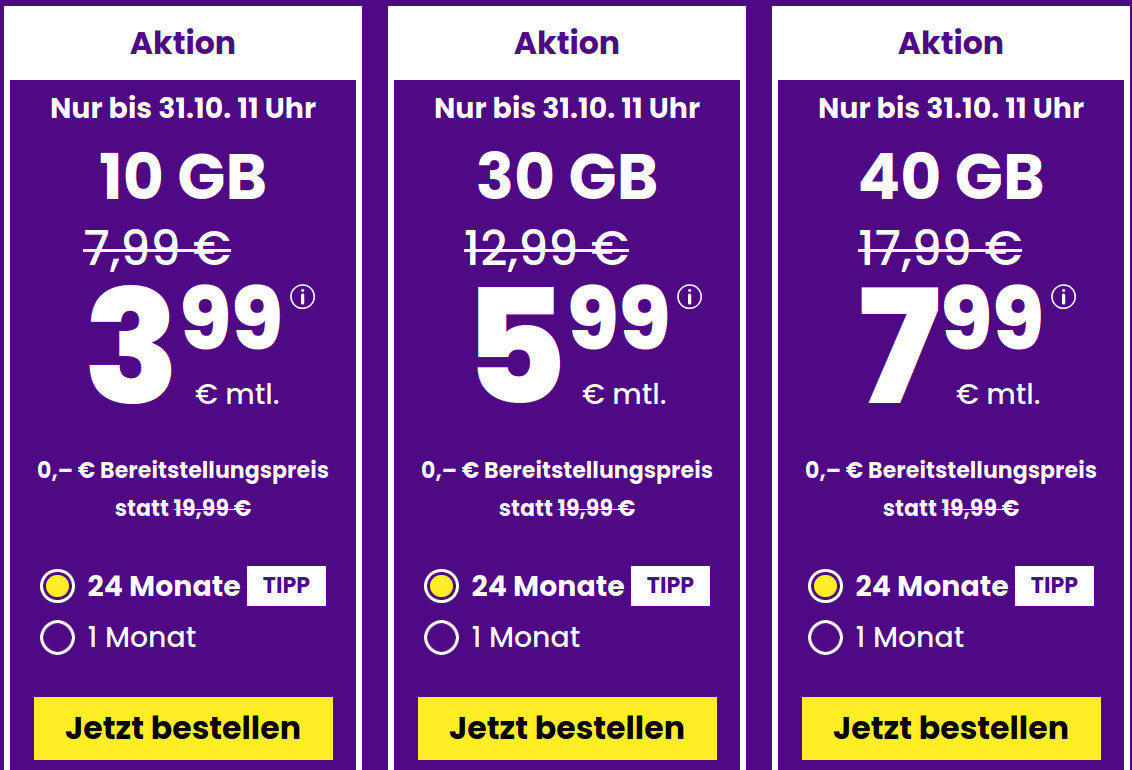 <strong>Preistipp 30 GB <em>Handytarife</em>: SIM24 30 GB <b>All-In-Flat</b> für 5,99 Euro mit mtl. Laufzeit</strong> Auch zum Start in den Monat Juni gibt es wieder beim Handydiscounter <strong>SIM24</strong> eine Tarifaktion mit einer 30 GB All-In-Flat für unter 6 Euro im 1&1 5G Netz und Vodafone Netz.
