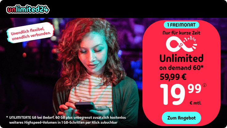 Neuer Anbieter Unlimited24: Der neue Herausforderer im Mobilfunkmarkt mit Unlimited on Demand unlimited24 im Test: Alle Infos zum neuen Mobilfunkanbieter der Drillisch-Gruppe. Erfahren Sie alles über die Unlimited on Demand Tarife, das 1&1 5G Netz, Geschwindigkeiten, Preise, Kostenfallen und ob die unbegrenzten Daten wirklich halten, was sie versprechen.
