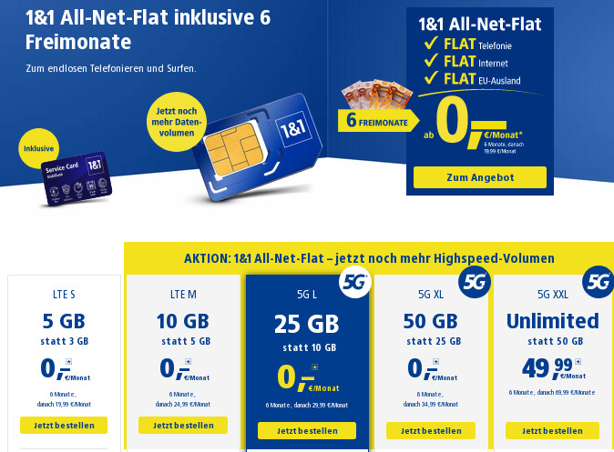 Neue 1&1 5G Tarife: 6 Monate gratis 1&1 Allnet-Flat Tarife --Unlimited Tarif ab 49,99 Euro