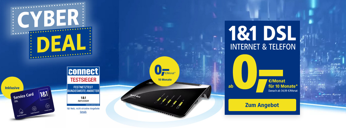 Cyber Week 1&1 DSL Tarife: 10 Freimonate beim 1&1 DSL Tarif mit 50 Mbit und 149 Euro sparen