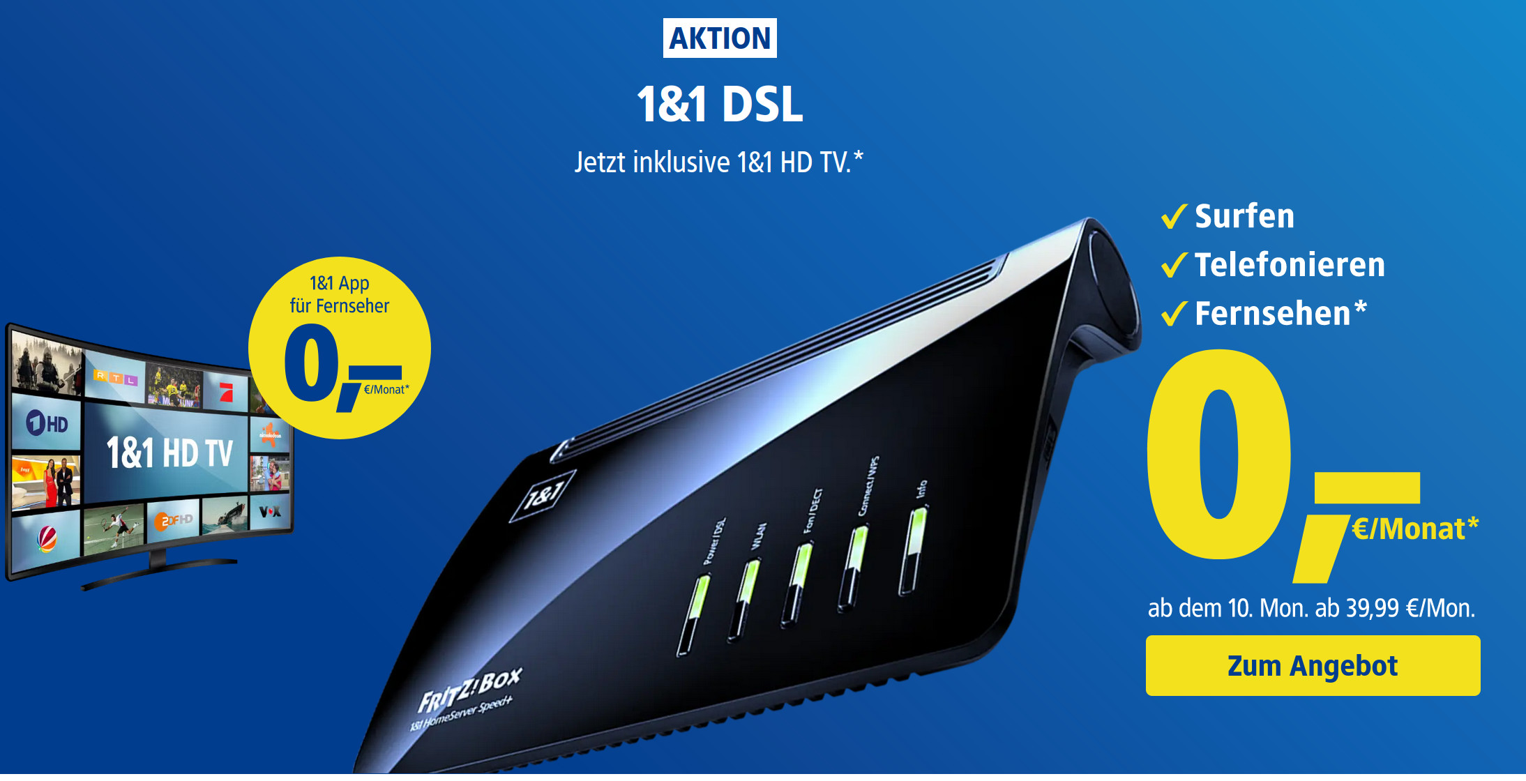 Preiskracher DSL Tarife: 10 Freimonate beim 1&1 DSL Tarif mit 250 Mbit und 649,90 Euro sparen