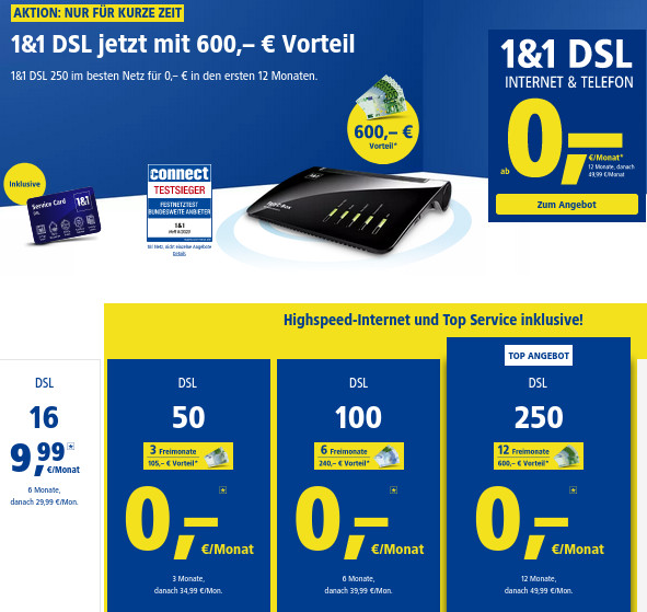 1&1 DSL Tarife Februar: 6 Monate gratis beim 100 Mbit DSL Doppel-Flatrate Tarif