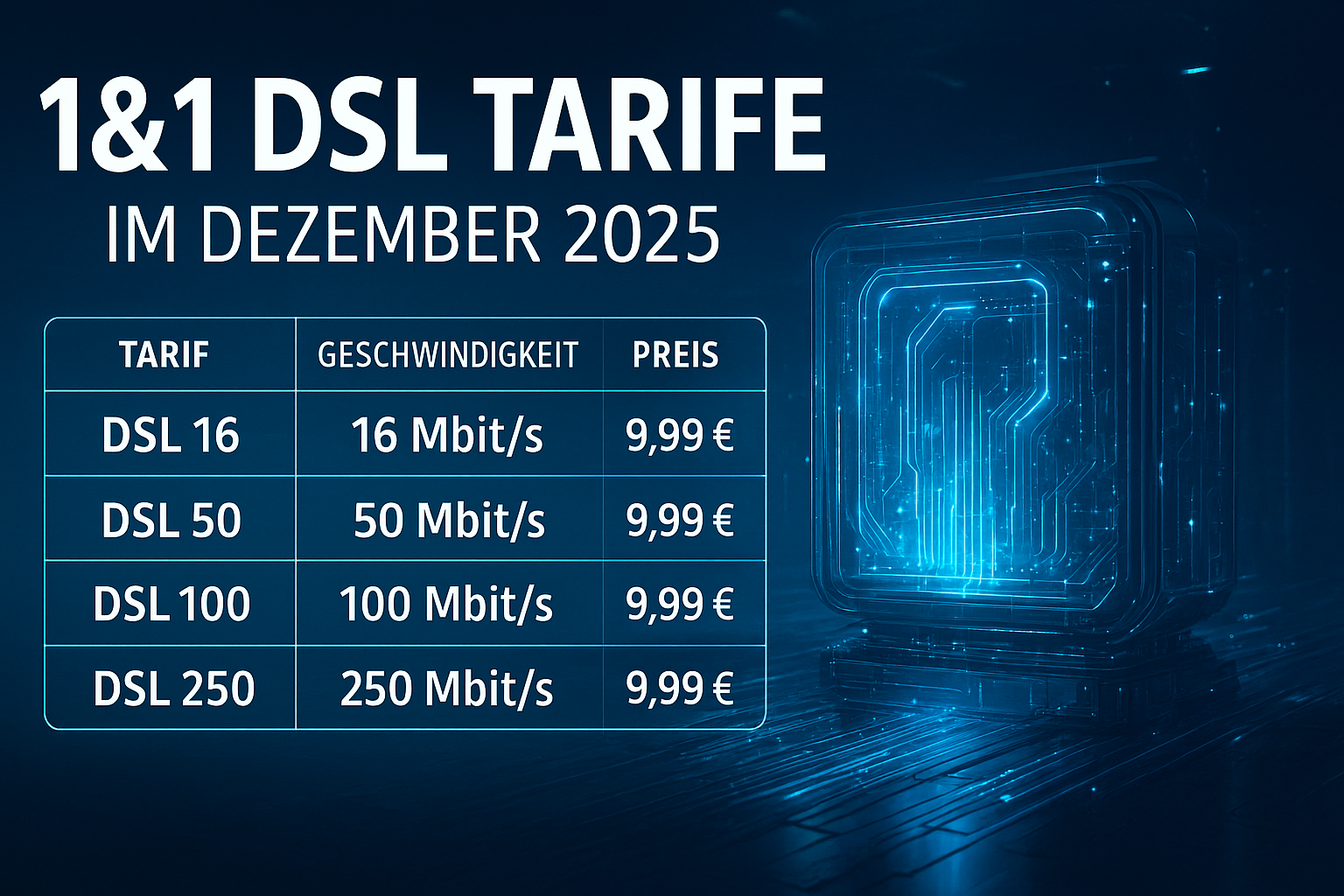 Umfassender berblick ber die neuen 1&1 DSL Tarife im Dezember 2025. Mit Preisvergleich, Tabellen, Vorteilen, Nachteilen und Konkurrenzanalyse.