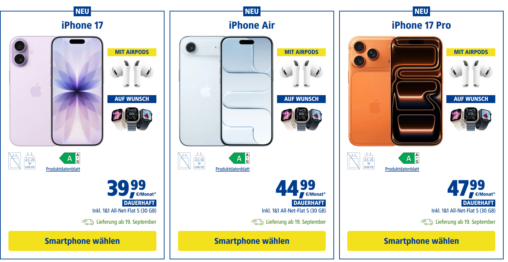 bersicht der aktuellen 1&1 Angebote fr die iPhone 17 Serie - inklusive iPhone 17, iPhone 17 Air, iPhone 17 Pro und iPhone 17 Pro Max. Tarife, Preise und Aktionen im Vergleich.