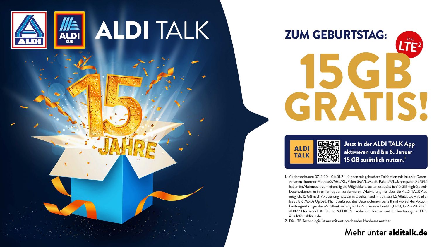 Aldi Talk 15 Jahre: Gratis 15 GB Datenvolumen fr Kunden zum Geburtstag