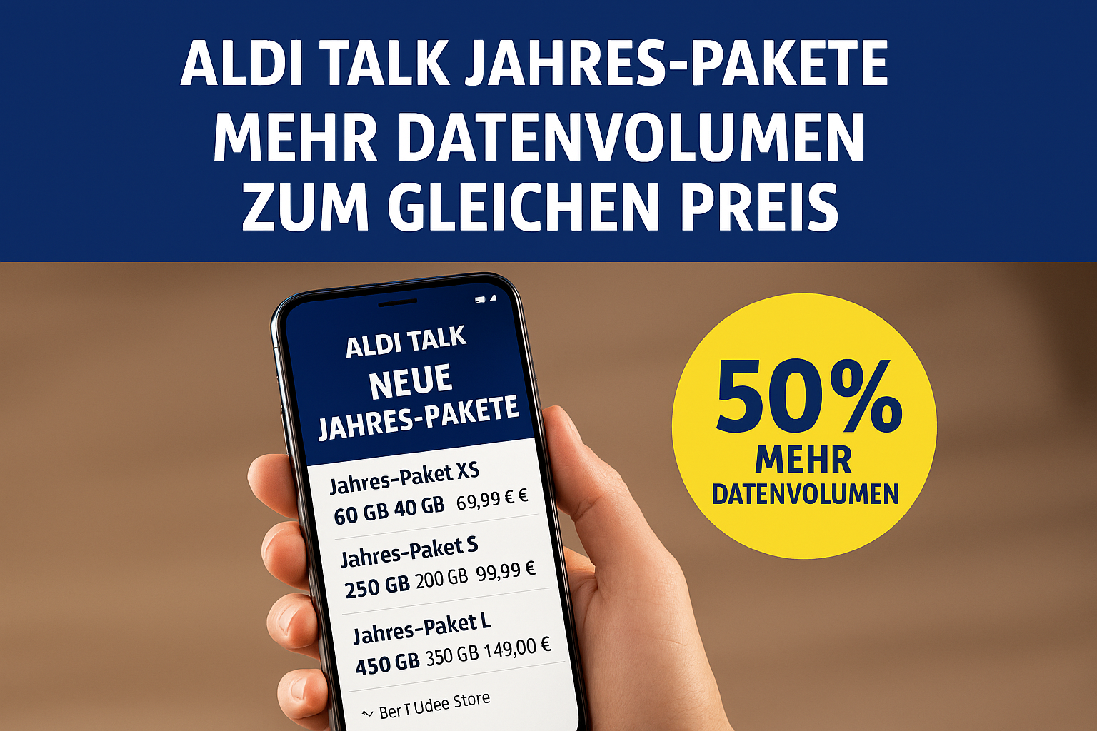ALDI Talk bietet ab dem 13.11.2025 neue Jahres-Pakete mit bis zu 50 % mehr Datenvolumen zum gleichen Preis. Alle Details zu XS, S und L Paketen sowie App-Bonus hier im berblick.