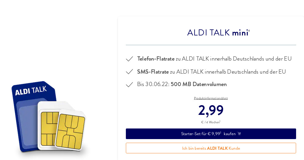 Aldi Talk mini: Neuer Prepaid Tarif für mtl. 2,99 Euro, Telefon- und SMS-Flatrate