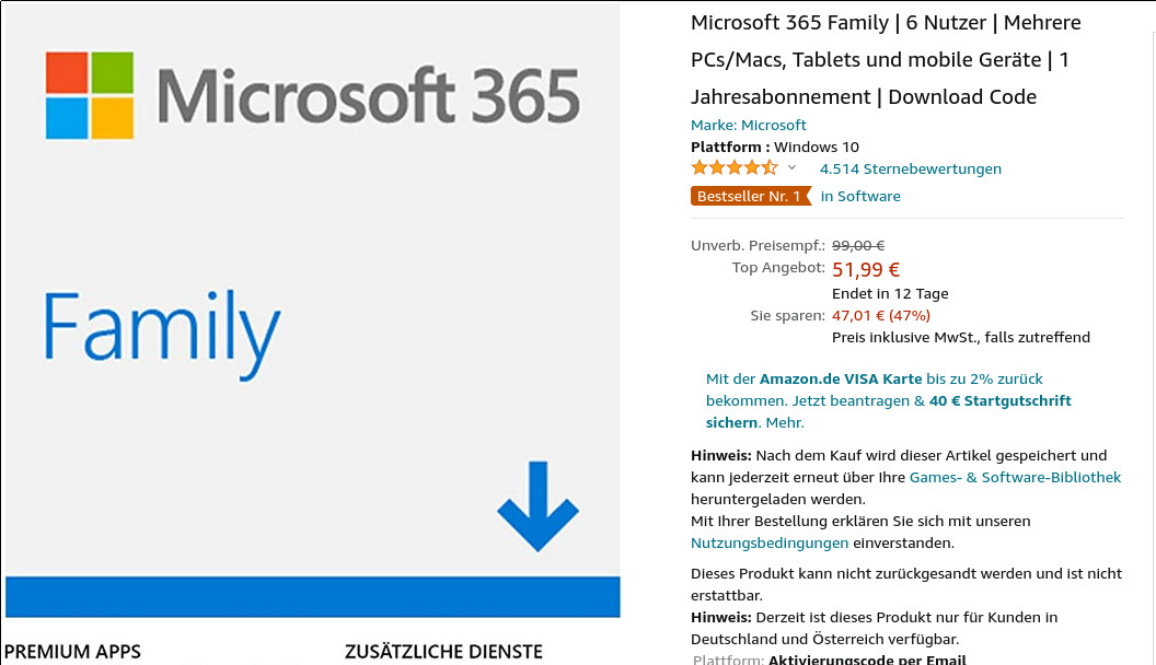 Microsoft 365: Microsoft 365 Family fr ein Jahr nur 51,99 Euro statt 99,99 Euro