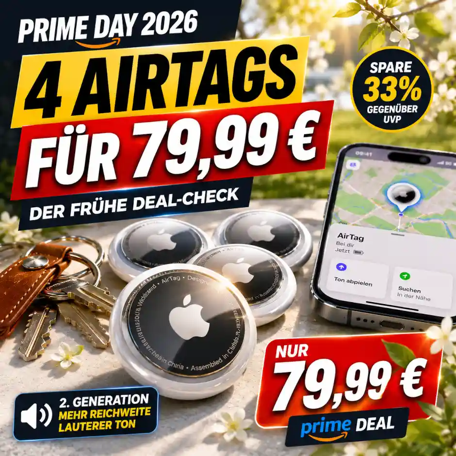 Amazon verkauft vier Apple AirTags der 2. Generation f�r 79,99 Euro. Der Deal-Check zeigt, wie gut der fr�he Prime-Day-Preis wirklich ist