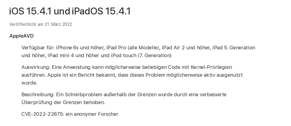 BSI Sicherheitshinweise iOS 15.4: Apple iOS und Apple iPadOS ermglicht Ausfhrung von beliebigem Programmcode