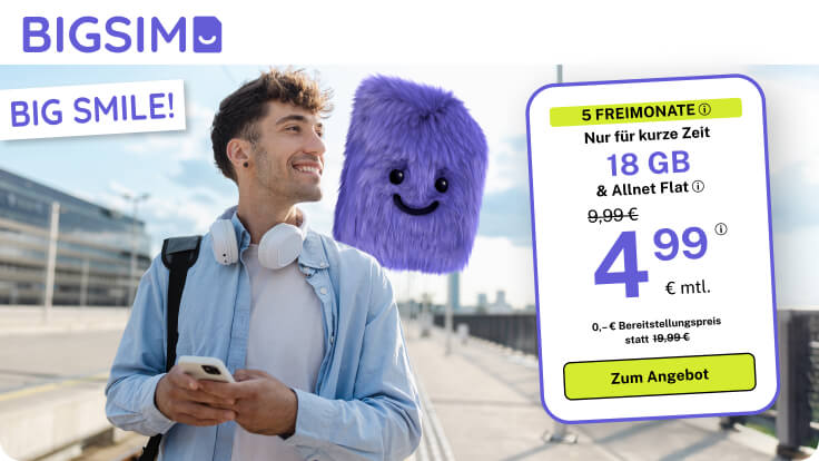 BIGSIM startet eine neue Mobilfunk Aktion mit einer Allnet Flat 18 GB zum effektiven Preis von 3,95 Euro monatlich. Alle Details zu Freimonaten, 5G Tarif und Wechselbonus im �berblick.
