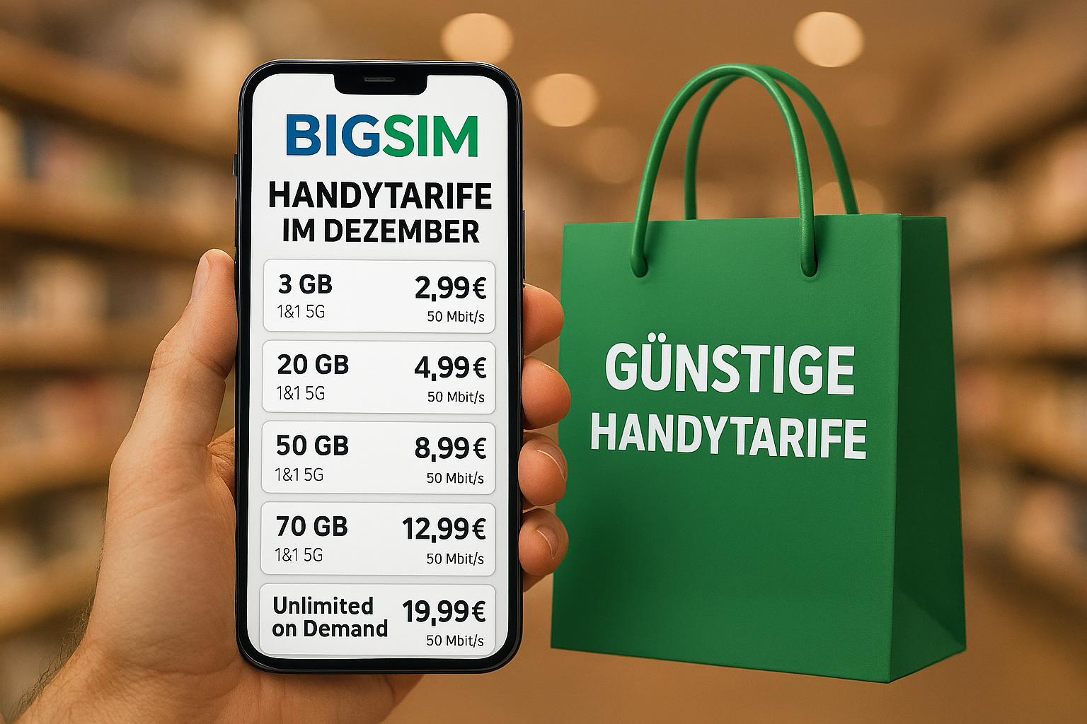 Ausf�hrlicher Vergleich der neuen BIGSIM Handytarife im Dezember. Alle Tarife, Preise, Leistungen und ein Vergleich mit popul�ren Mobilfunktarifen in Deutschland.