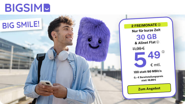 Die BIGSIM Allnet Flat mit 30 GB f�r effektiv nur 5,03 &euro; im Monat im ausf�hrlichen �berblick. Alle Details zu Kosten, Laufzeit, 5G, Surfgeschwindigkeit und Alternativen