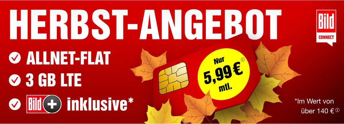Tariftipp Bildconnect Tarife: Gratis Bildplus Abo plus 3 GB LTE All-In-Flat fr 5,99 Euro