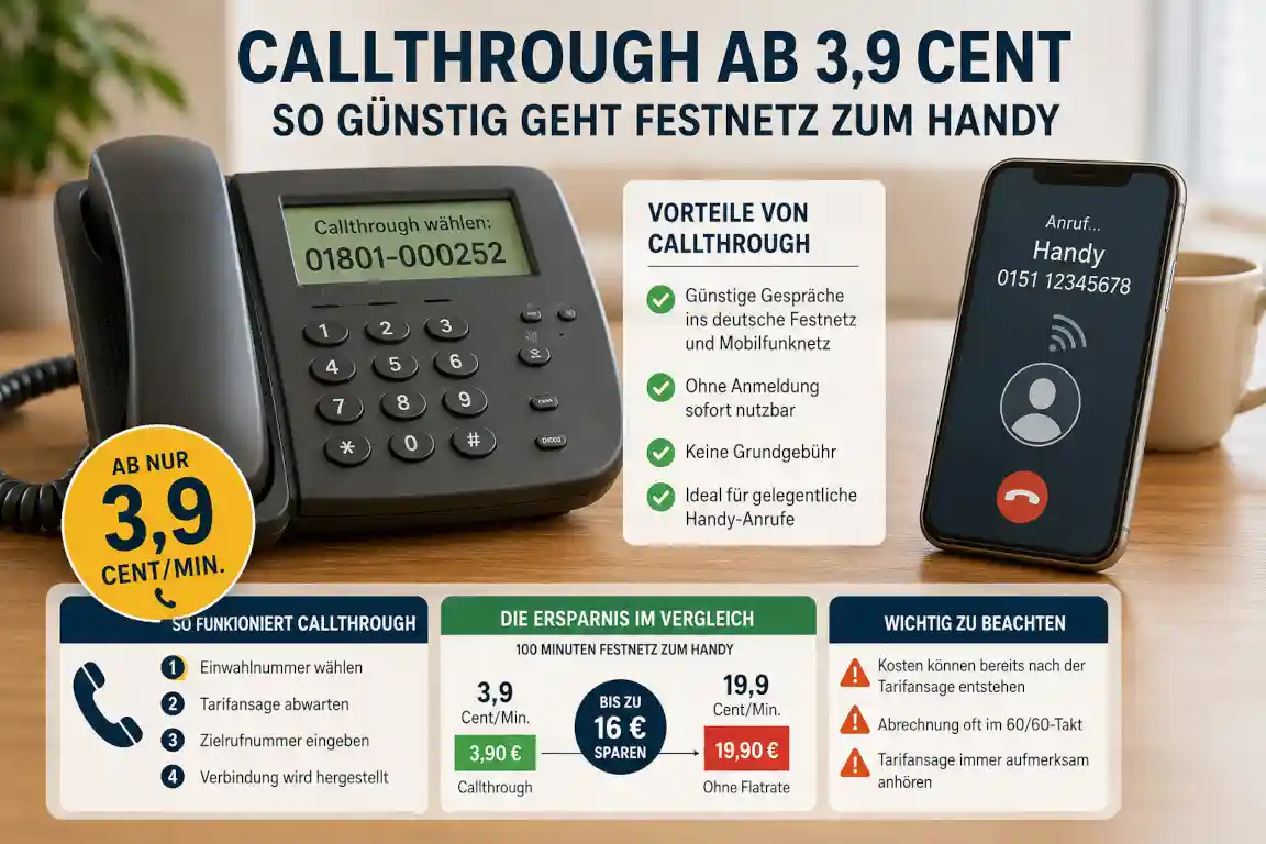 Callthrough kostet im Inland ab 3,9 Cent pro Minute. Der Vergleich zeigt Tarife, Ersparnis, Einwahlnummern und wichtige Kostenfallen f�r Festnetzkunden