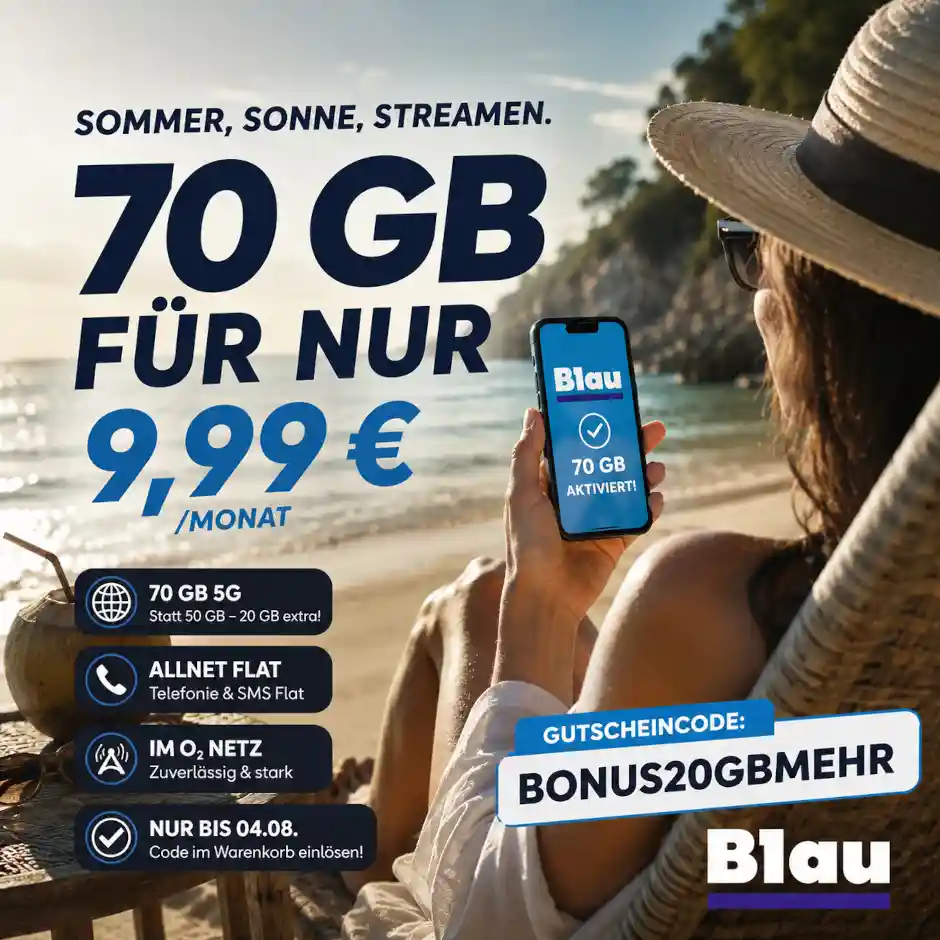 Blau Allnet M mit 70 GB f�r 9,99 Euro: Der Code BONUS20GBMEHR bringt 20 GB extra. So funktioniert der Gutschein bis 04.08.2026