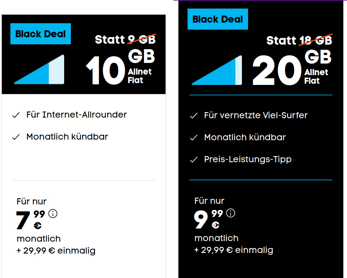 Black Week Deal Blau 20 GB LTE Tarife für mtl. 9,99 €