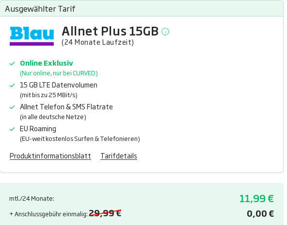 Tariftipp Blau Tarife: Ohne Anschlusspreis --15 GB LTE All-In-Flat für mtl. 11,99 Euro