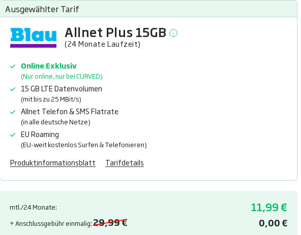 Tariftipp Blau Tarife: Ohne Anschlusspreis --15 GB LTE All-In-Flat fr mtl. 11,99 Euro