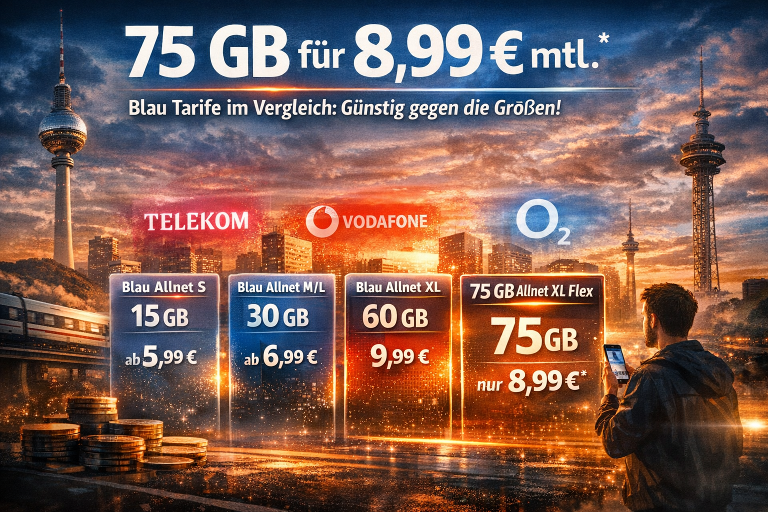 Der neue Blau 75 GB Allnet XL Flex Tarif f�r 8,99 &euro; sorgt f�r Aufmerksamkeit. Analyse, Details, Vergleich und Einsch�tzung zum monatlich k�ndbaren Mobilfunkangebot im gro�en �berblick