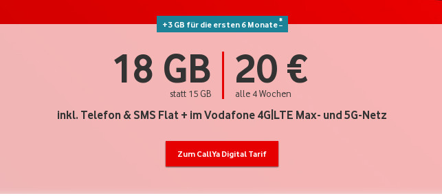 Vodafone Prepaid Tarife: Nun 5G-Netz beim 15 GB Allnet-Flat CallYa Digital f�r 20 Euro