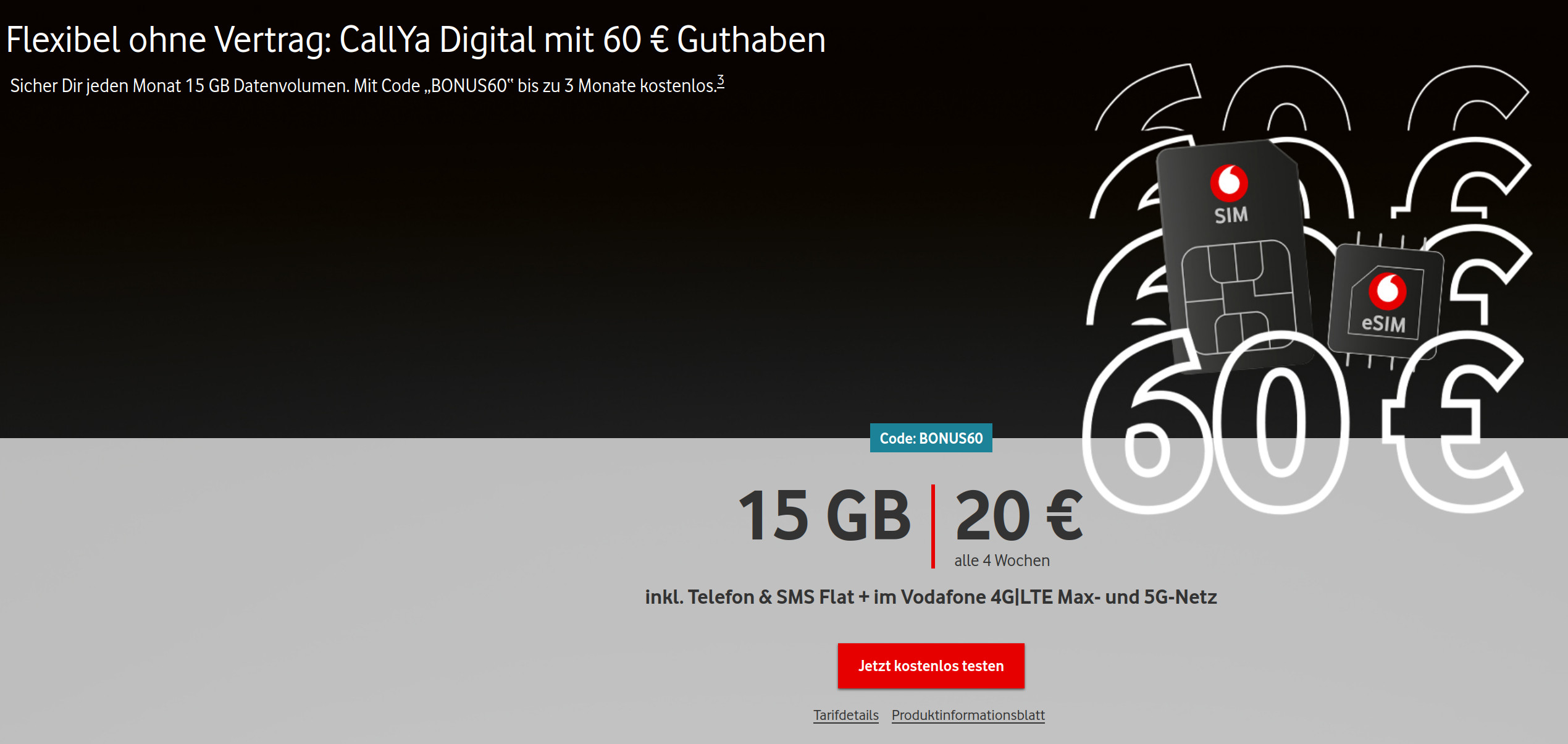 Advents-Deal: Vodafone Prepaid Tarife --3 Freimonate durch 60 Euro Gutschein bei 15 GB Allnet-Flat CallYa Digital