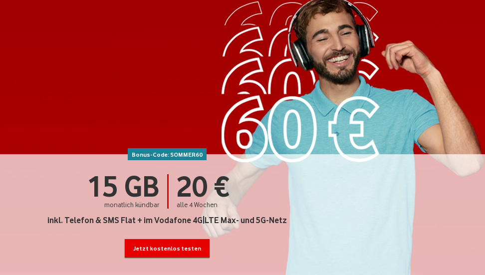 Vodafone Prepaid Tarife: 3 Freimonate durch 60 Euro Gutschein bei 15 GB Allnet-Flat CallYa Digital