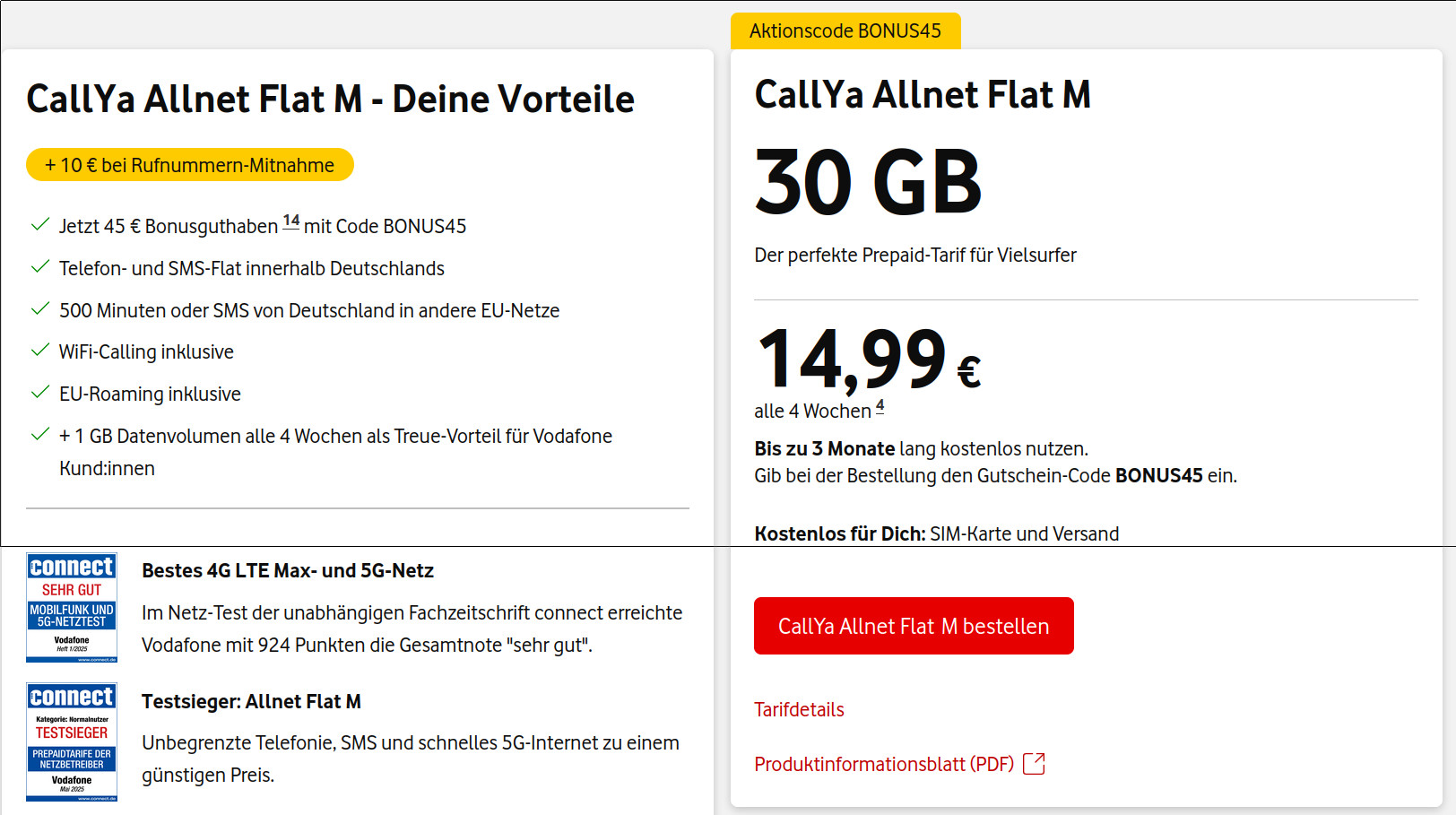 Der CallYa Allnet Flat S Deal von Vodafone bietet 45 GB Datenvolumen, Telefon- und SMS-Flat sowie EU-Roaming fr drei Monate. Alle Vorteile im berblick.