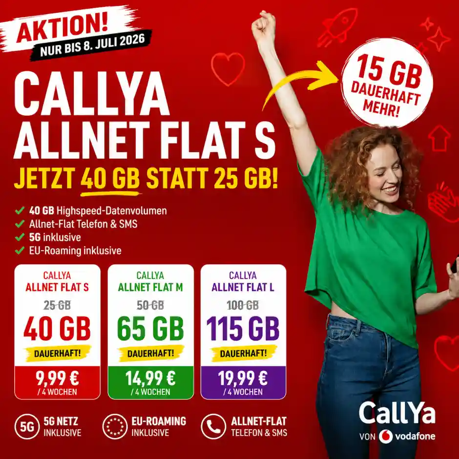 Vodafone gibt CallYa-Neukunden dauerhaft 15 GB extra. Welche Tarife profitieren, wie lange die Aktion l�uft und worauf Nutzer achten m�ssen