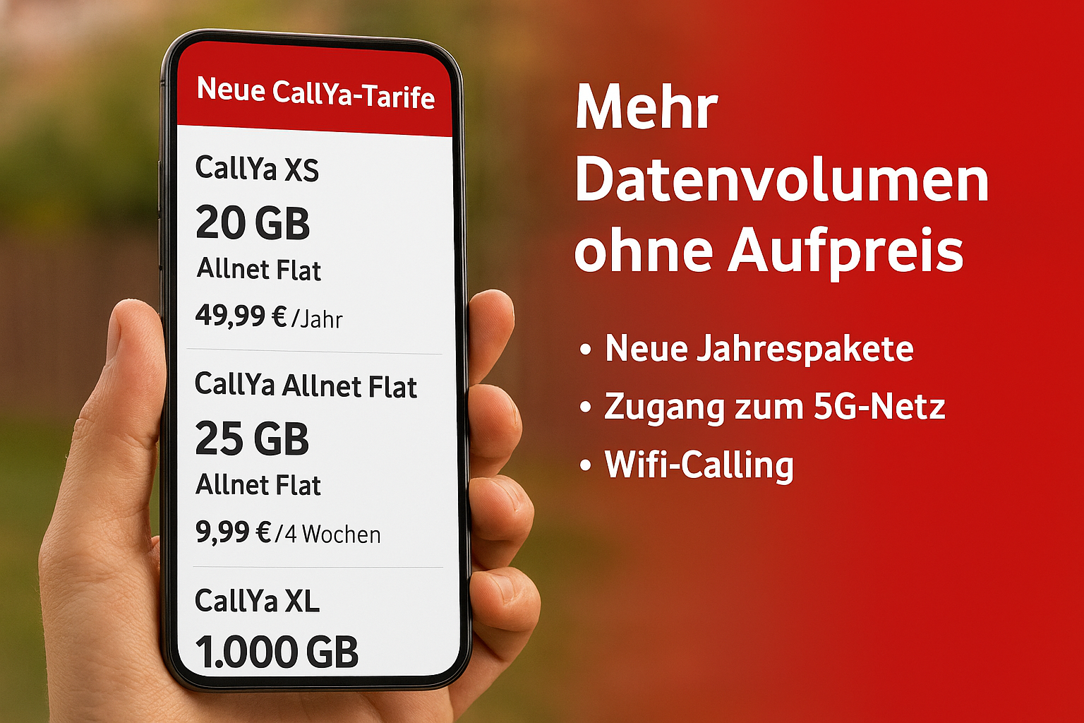 Vodafone CallYa Tarife ab Dezember 2025: Mehr Datenvolumen ohne Aufpreis, neue Jahrespakete XS und XL, Zugang zum 5G-Netz und attraktive Konditionen fr Neu- und Bestandskunden.
