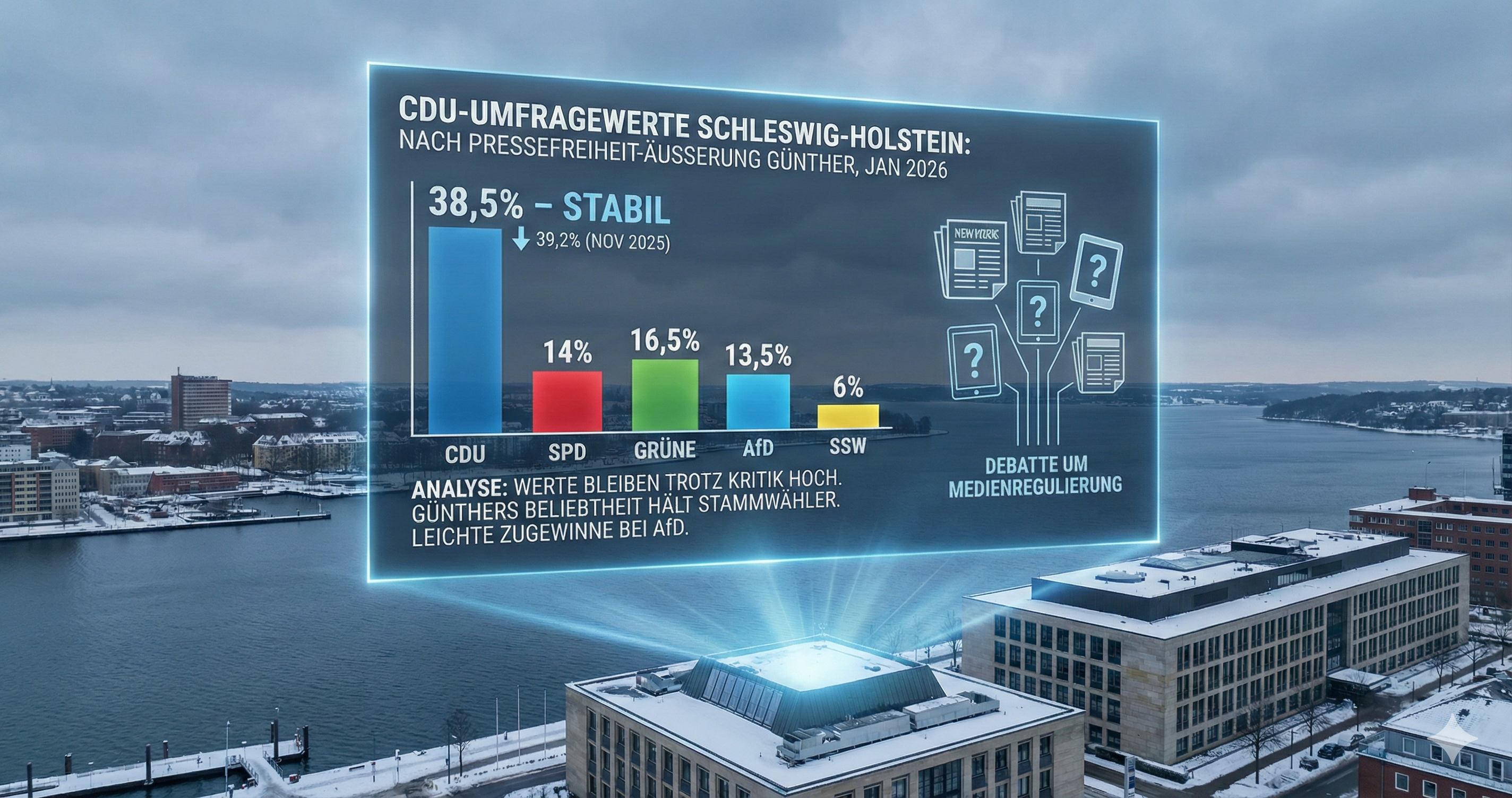 Analyse der CDU Umfragewerte in Schleswig-Holstein nach Daniel G�nthers �u�erungen zur Pressefreiheit. Detaillierte Daten, Tabellen und politische Einordnung f�r 2026