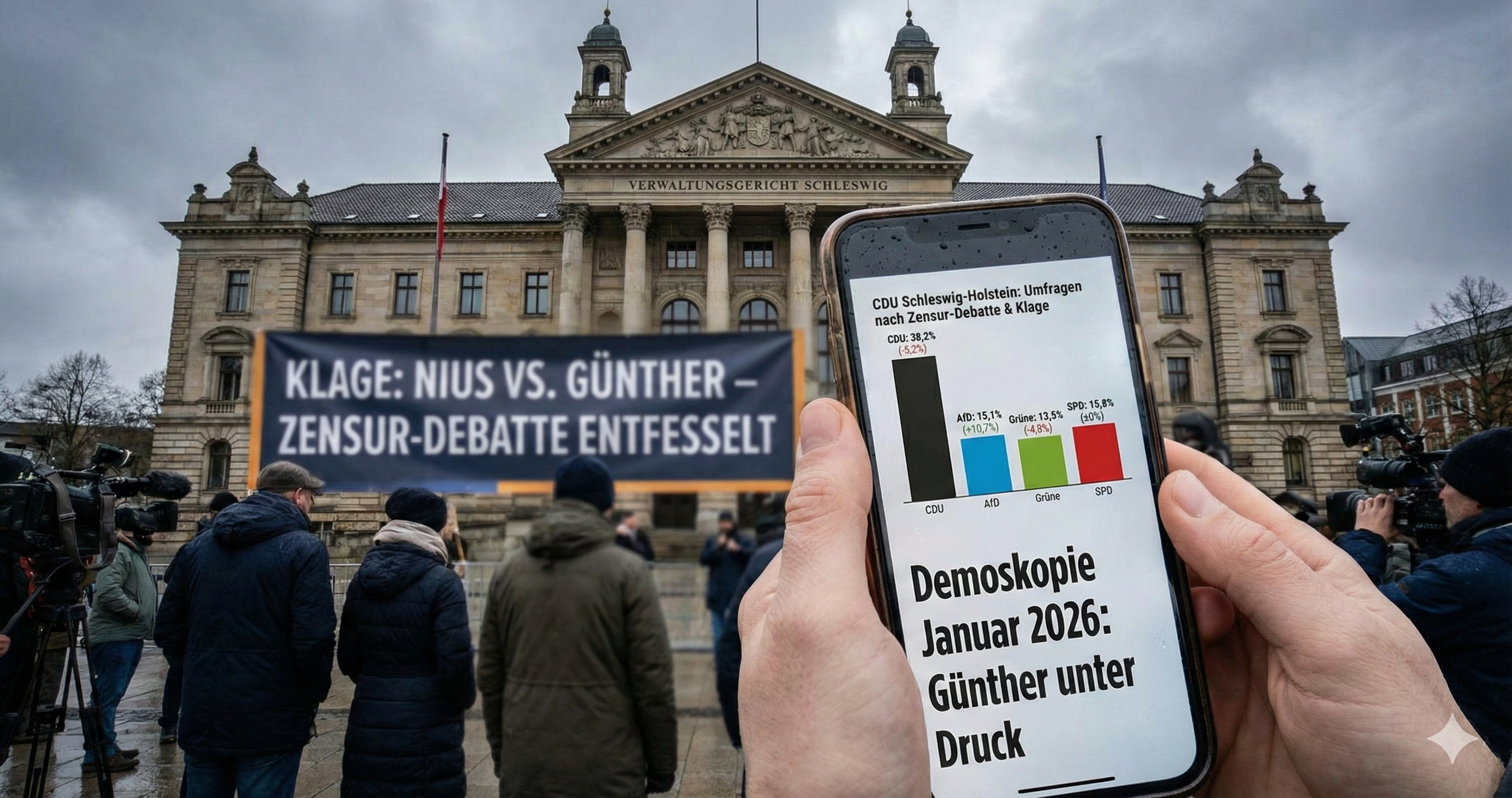 Analyse der CDU-Umfragewerte in Schleswig-Holstein nach der Kontroverse um Daniel G�nther, Vorw�rfe der Pressezensur und die Nius-Klage beim Verwaltungsgericht Schleswig.