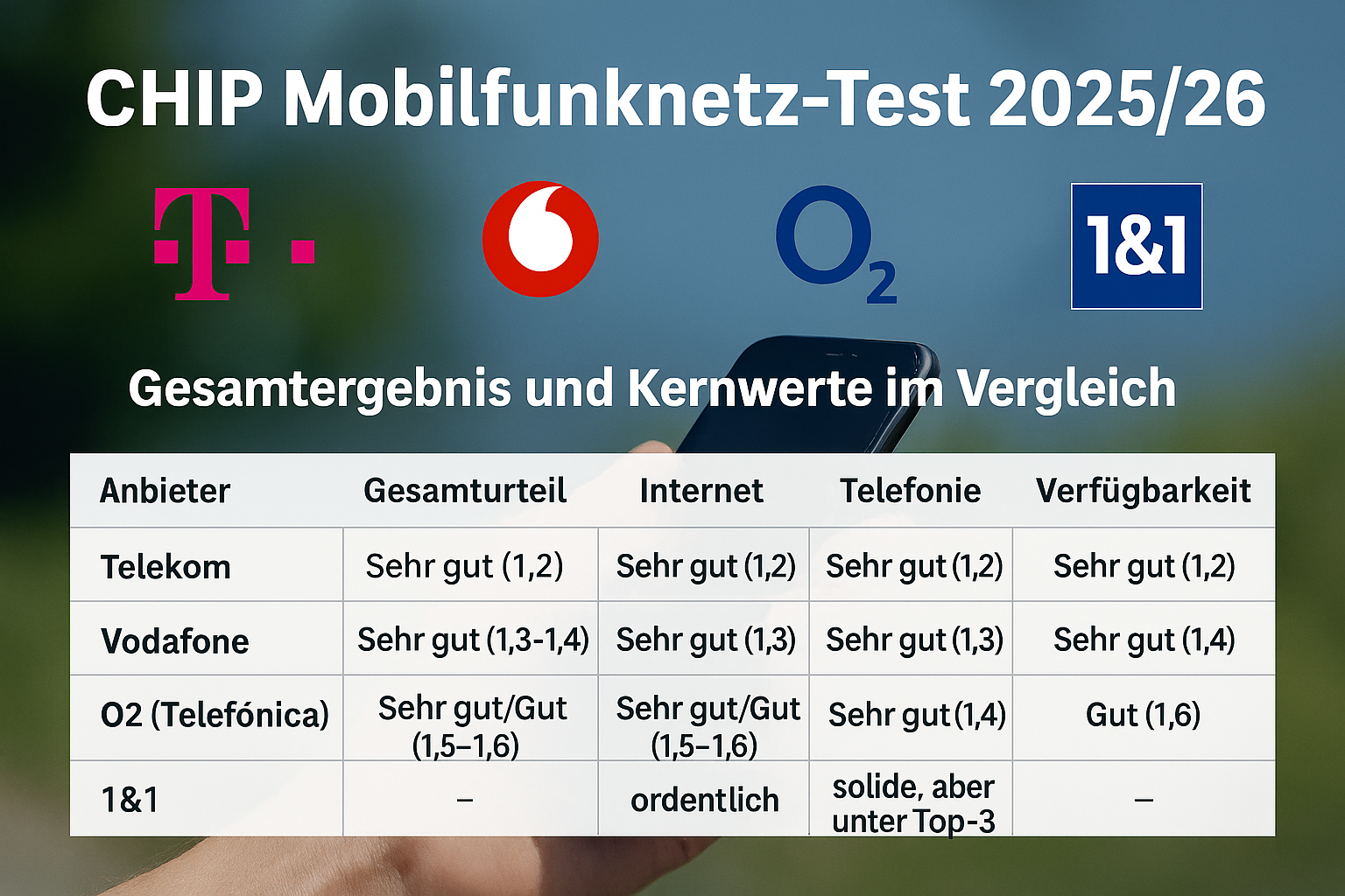 Der CHIP Mobilfunknetz-Test 2025 zeigt: Telekom, Vodafone und O2 liefern sehr gute Ergebnisse, 1&1 im Aufbau. Ausfhrlicher Vergleich mit Tabellen.
