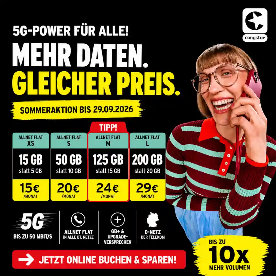 congstar erh�ht die Allnet Flats: 125 GB f�r 24 &euro;, 200 GB f�r 29 &euro;. Preise, Laufzeit, 5G und Upgrade-Versprechen im �berblick