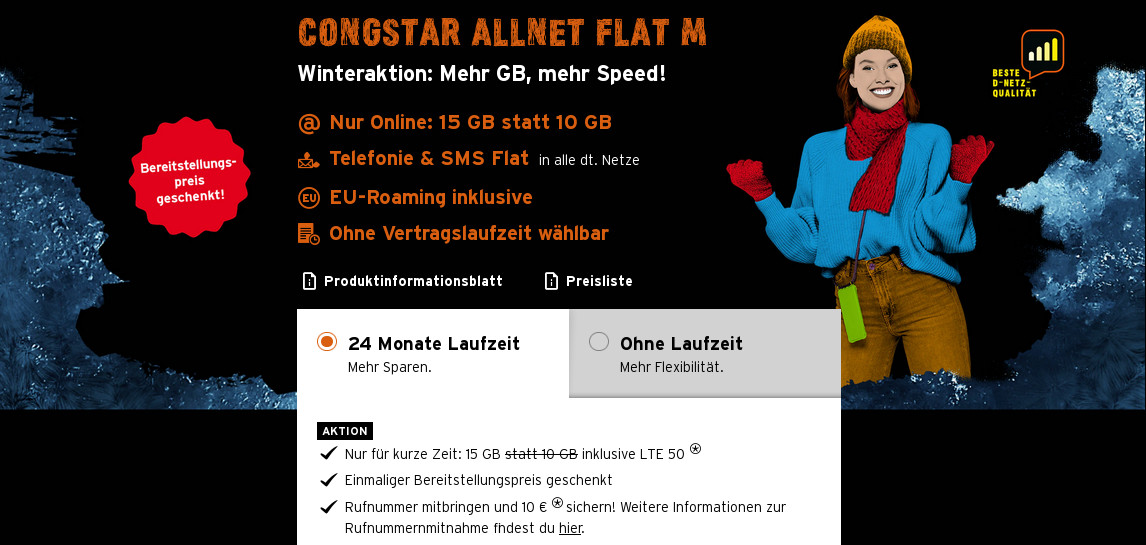Congstar Winteraktion: Congstars 15 GB LTE Allnet-Flat mit 50 Mbit fr 22,00 Euro, 5 Euro sparen
