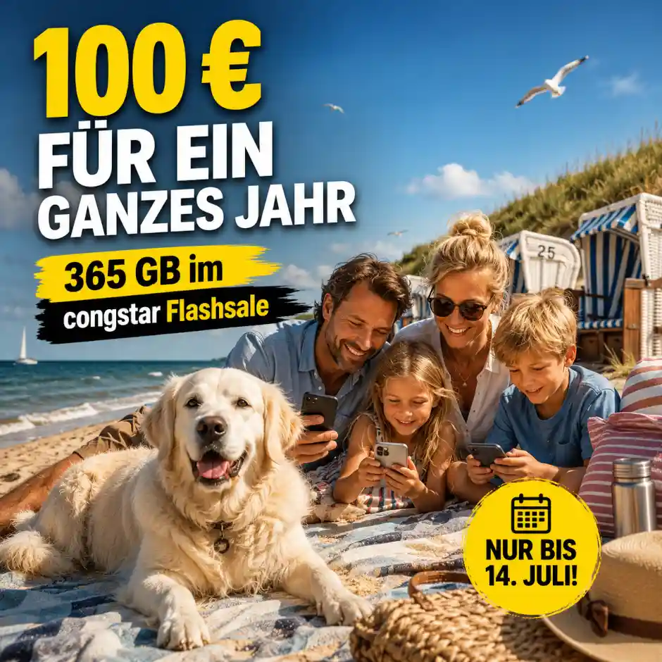 congstar bietet im Flashsale 365 GB f�r 100 Euro im Prepaid-Jahrespaket. Dazu l�uft Allnet M mit 33 GB f�r 10 Euro nur bis 14. Juli