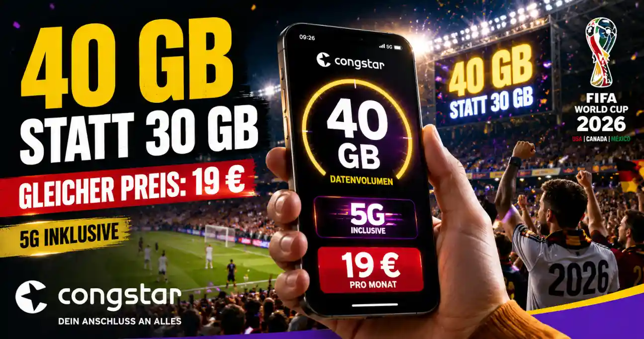 congstar erh�ht die Allnet Flat S auf 40 GB. Der Preis bleibt bei 19 Euro, der Bereitstellungspreis entf�llt. Alle Tarifdetails im Check