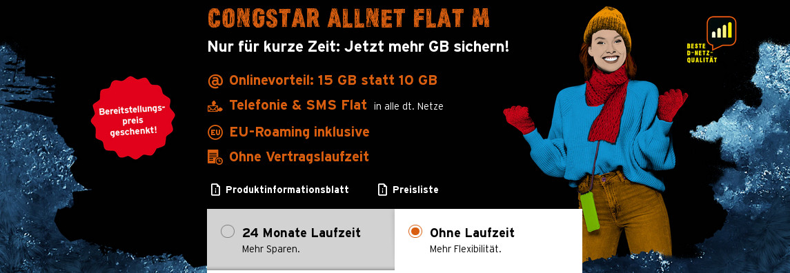 Congstars Neujahrs-Deal: Congstars 15 GB LTE Allnet-Flat mit 50 Mbit für 22,00 Euro und Bereitstellungspreis sparen