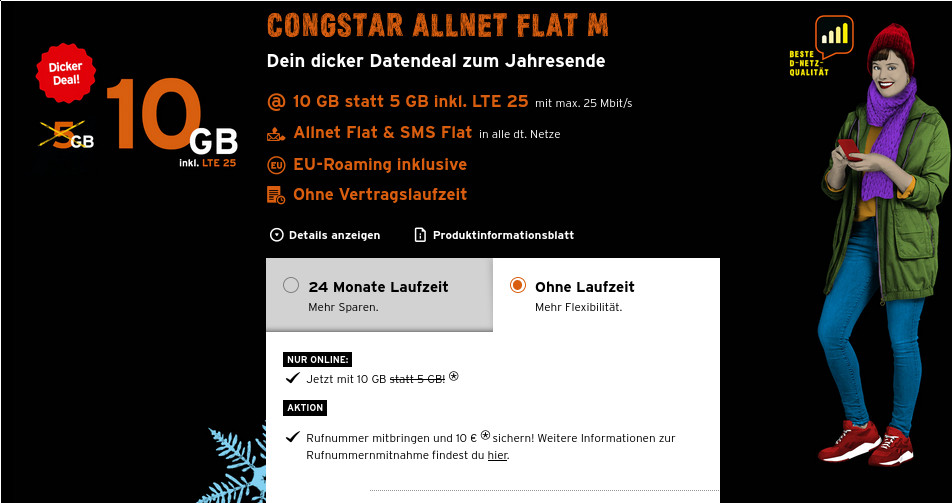 Doppeltes Datenvolumen: Congstars 10 GB LTE Allnet-Flat fr 19,50 Euro