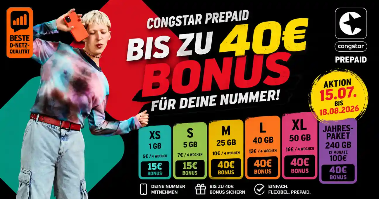 congstar zahlt bis zu 40 Euro Wechselbonus f�r Prepaid-Neukunden. Alle Tarife, Fristen und Tipps zur Rufnummernmitnahme im �berblick