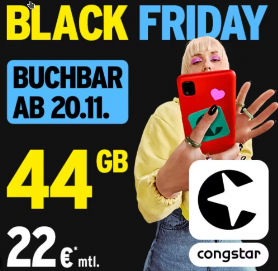 Black Week Congstar: 44 GB Allnet-Flat fr 22 Euro im Telekom Netz