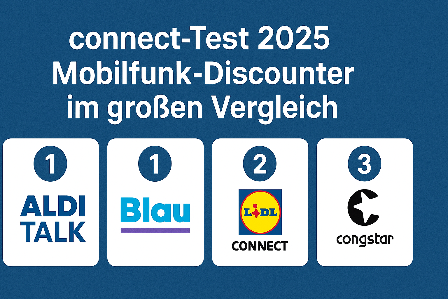 Der gro�e connect-Test 2025 zeigt die besten Mobilfunk-Discounter in Deutschland. Aldi Talk, Blau, Lidl Connect und Congstar im Vergleich von Tarifen, Netzqualit�t und Service.