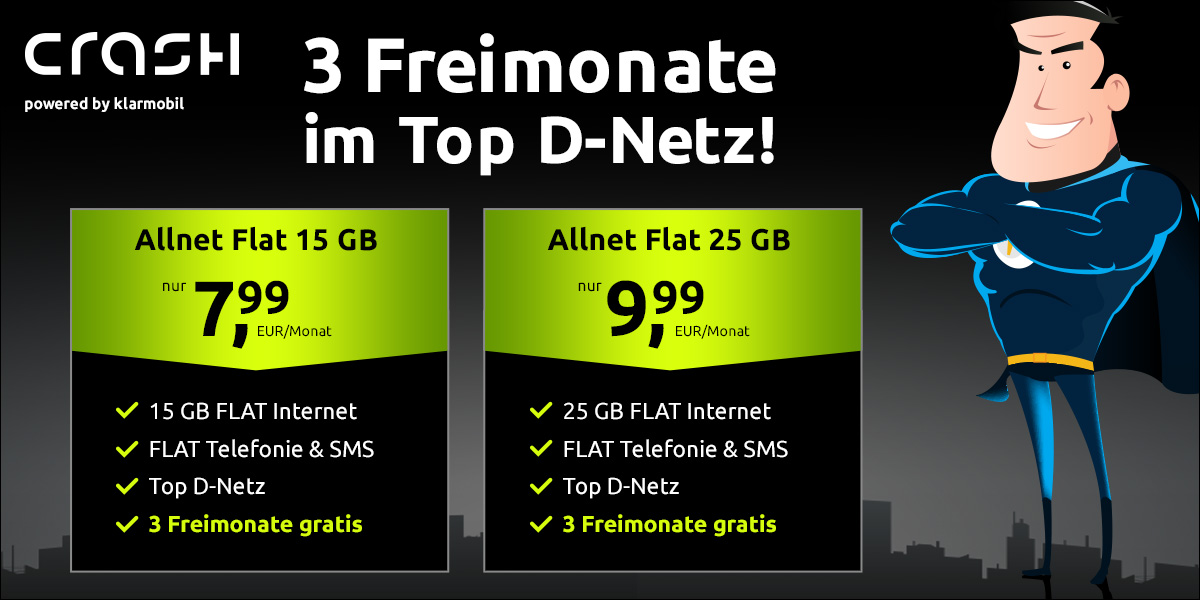 3 Freimonate: 15 GB Crash Allnet-Flat Tarif im Vodafone Netz fr 7,99 Euro