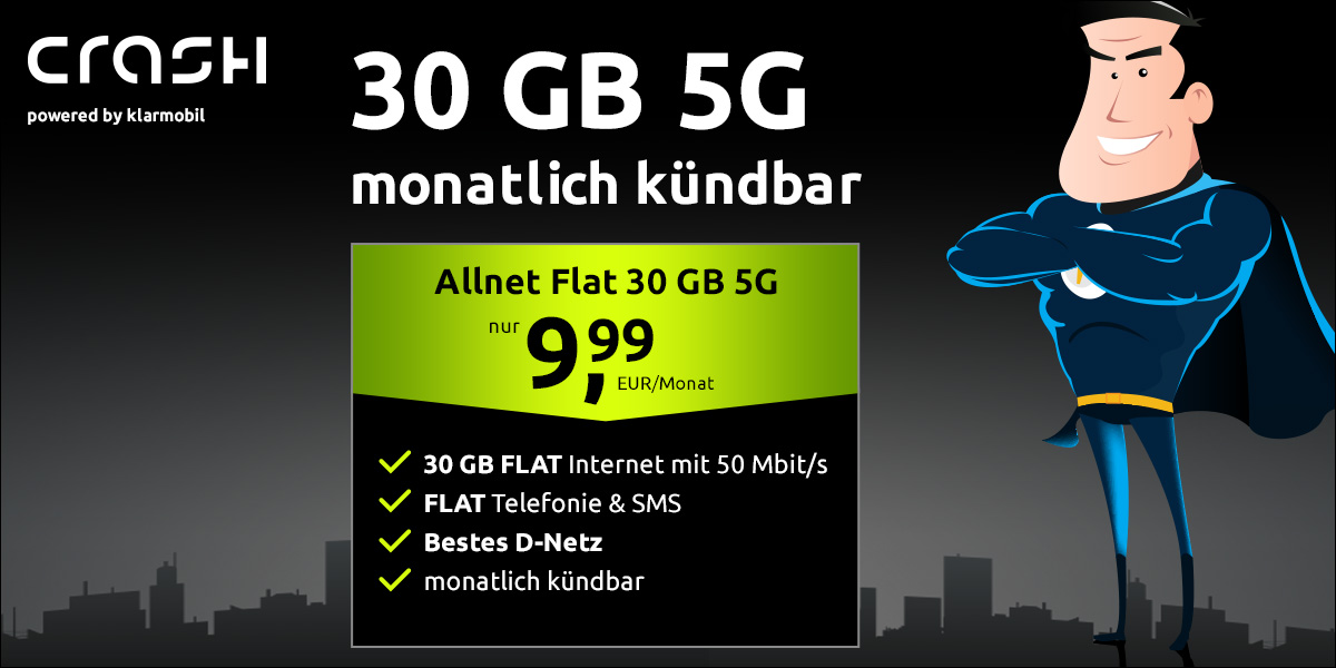 Die monatlich kndbare crash Allnet Flat 30 GB im 5G D-Netz fr nur 9,99 €. Alle Details, Vorteile, Tarifinfos und eine umfassende Analyse des Mega Deals.