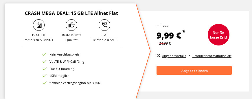 Fronleichnam Deal: Crash 15 GB Allnet-Flat Tarif im Telekom Netz für 9,99 Euro